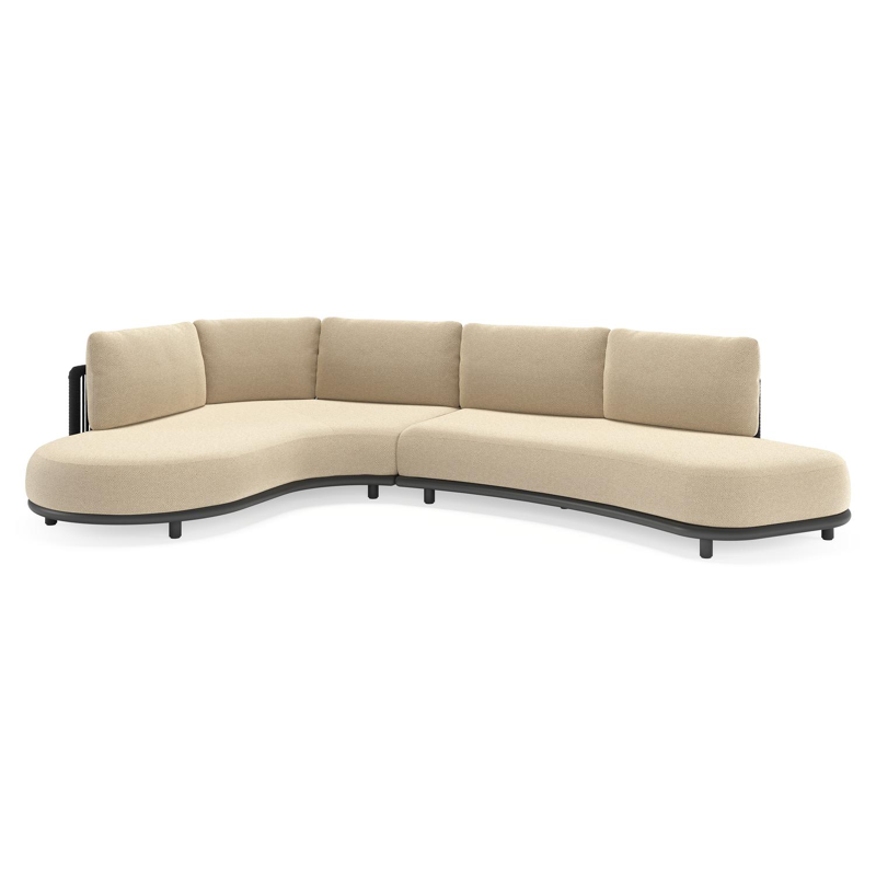 Lomano loungehoek in zwart aluminium en zwart verticaal geweven luxe vlakke rope met althea camel all weather cosytica kussen