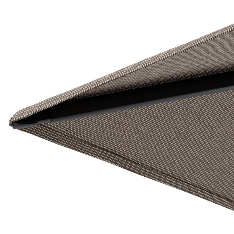 Parasol pendant Minore avec fonction tilt en aluminium noir et toile de parasol All Weather Solica Firenze Earth - Lg.1: 350 x Lg.2: 350 cm avec pied de parasol Minore 260 kg avec roulettes