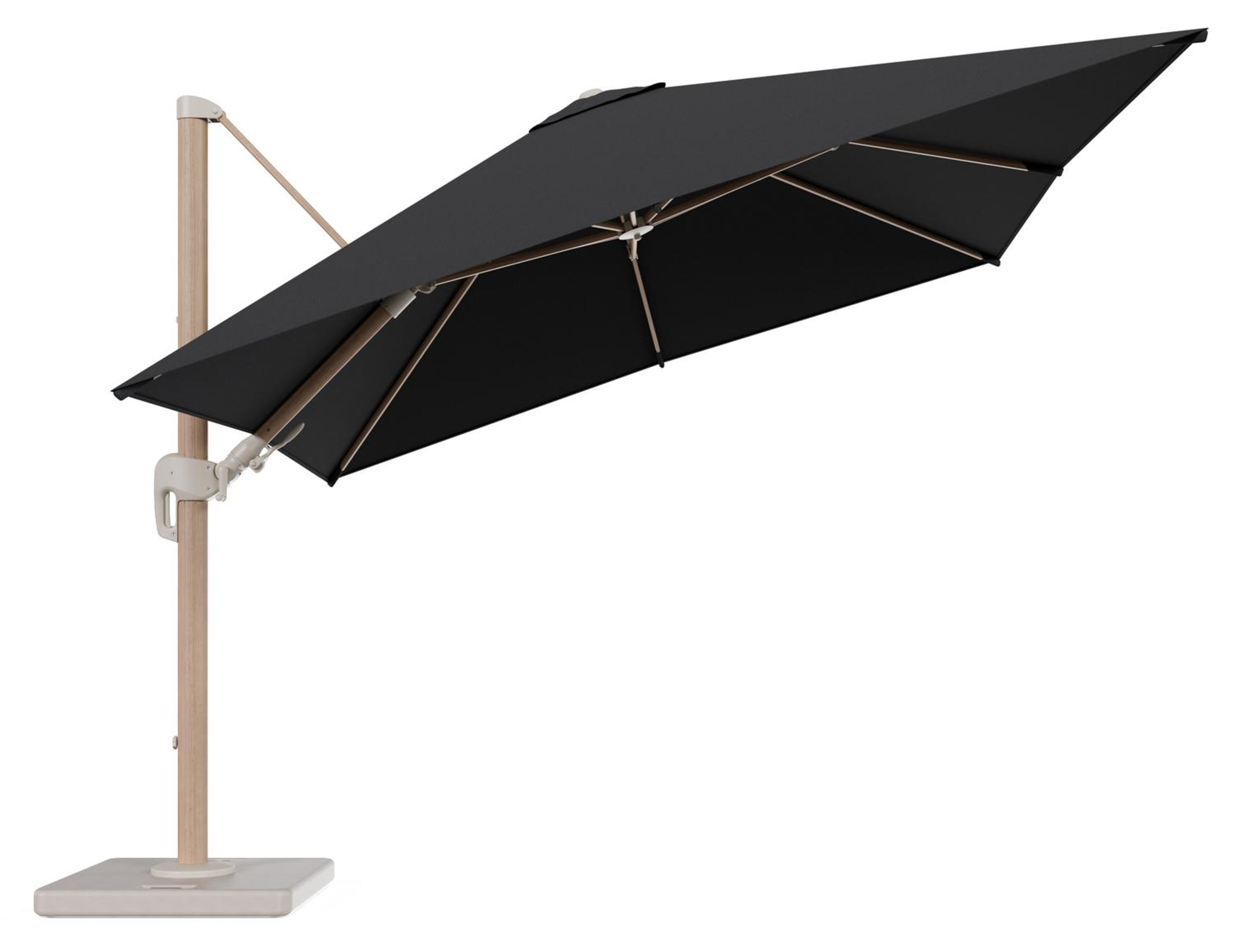 Rufina zweefparasol tiltfunctie in houtlook aluminium en parasoldoek in All Weather Sunbrella® Luxe Natte Sooty - L1 300 x L2 300 cm met parasolvoet Lapido 120 kg