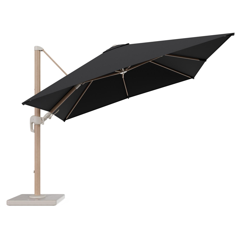 Rufina zweefparasol tiltfunctie in houtlook aluminium en parasoldoek in All Weather Sunbrella® Luxe Natte Sooty - L1 300 x L2 300 cm met parasolvoet Lapido 120 kg
