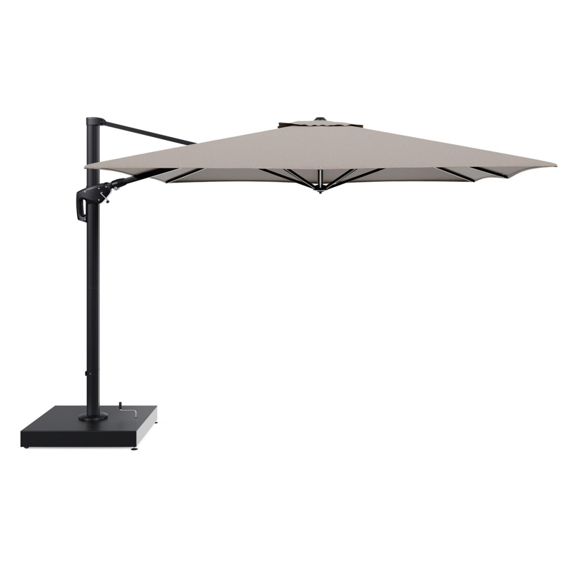 Parasol pendant Minore avec fonction tilt en aluminium noir et toile de parasol All Weather Solica Firenze Earth - Lg.1: 350 x Lg.2: 350 cm avec pied de parasol Minore 260 kg avec roulettes