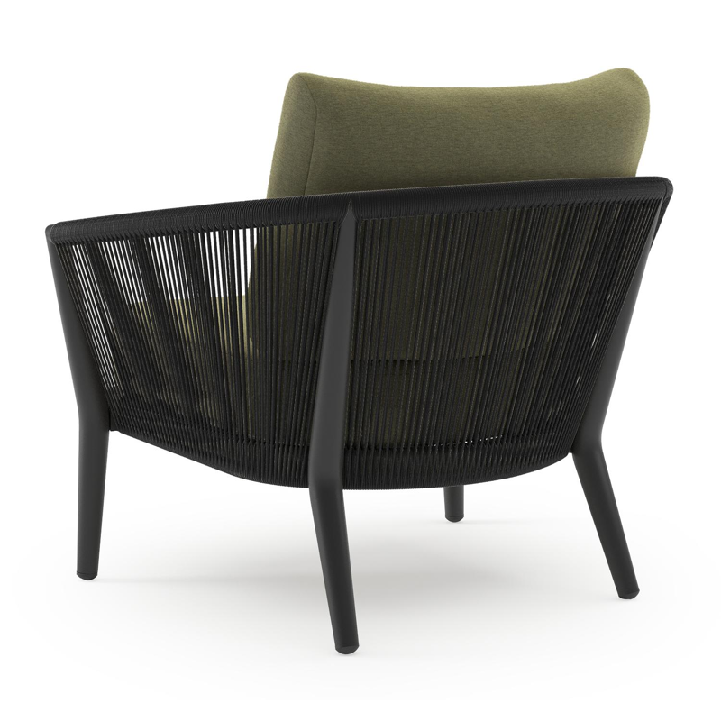 Orso loungestoel in zwart aluminium en zwart verticaal geweven ronde rope met Heritage Leaf all weather sunbrella® luxe kussen