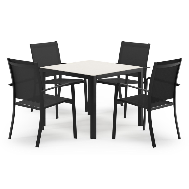 Feltro ensemble de jardin carré en aluminium noir en sintered stone crema minerale avec 4 chaises de jardin Calobra