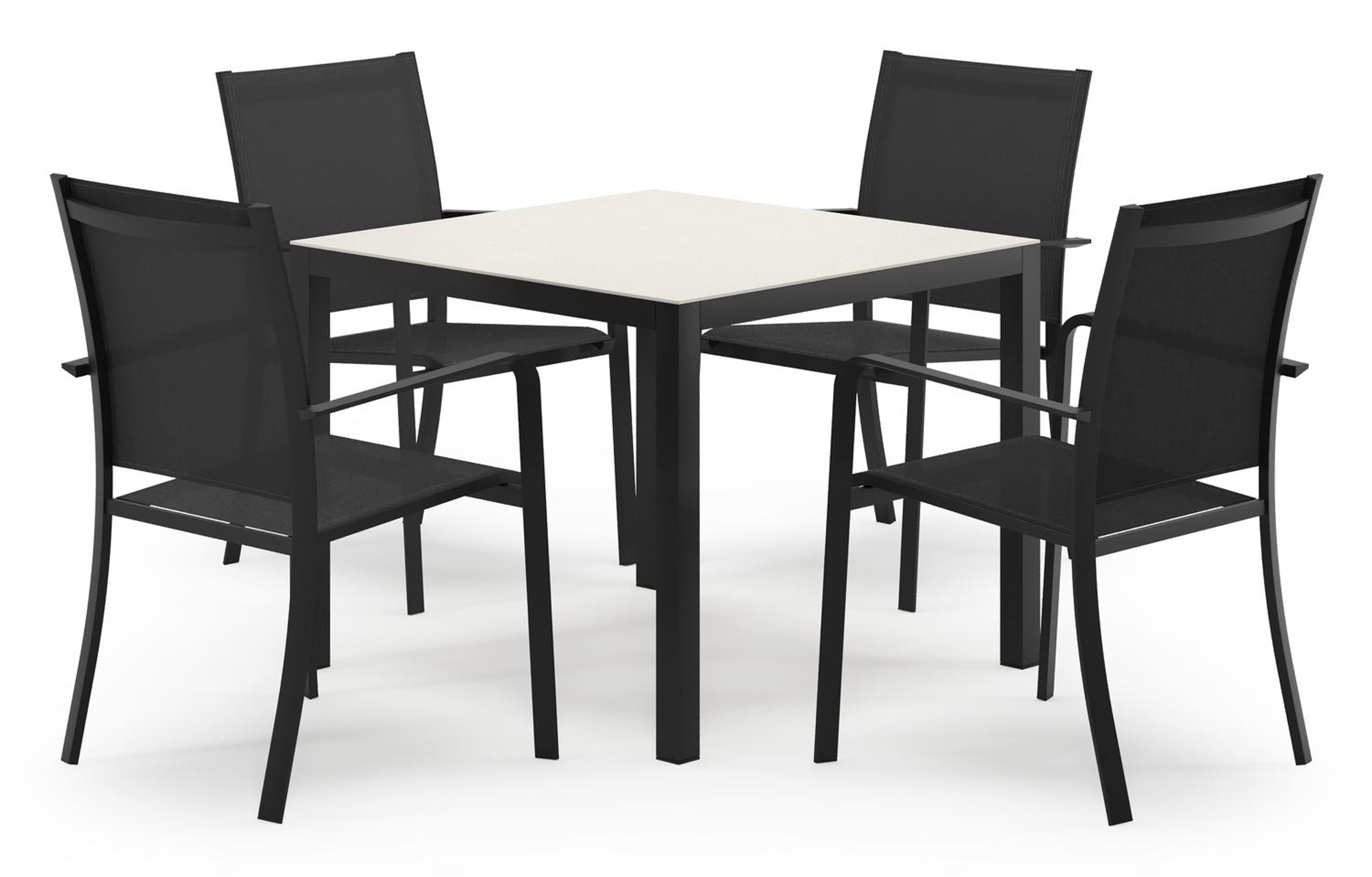 Feltro vierkante tuinset in zwart aluminium en sintered stone crema minerale met 4 Calobra tuinstoelen