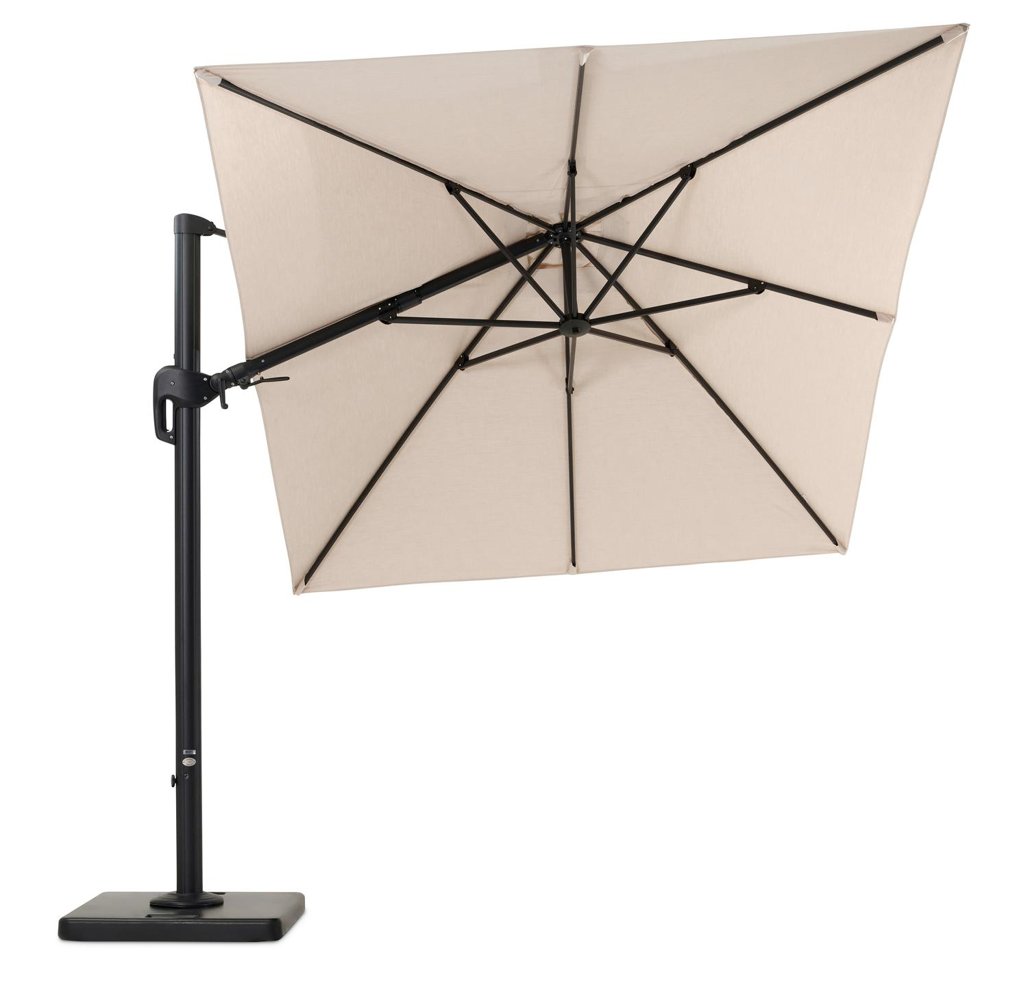 Rufina zweefparasol met tiltfunctie in zwart aluminium met beige all weather sunbrella® premium parasoldoek - L1: 250 x L2: 350 cm (met voet)