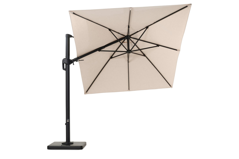 Rufina zweefparasol met tiltfunctie in zwart aluminium met beige all weather sunbrella® premium parasoldoek - L1: 250 x L2: 350 cm (met voet)