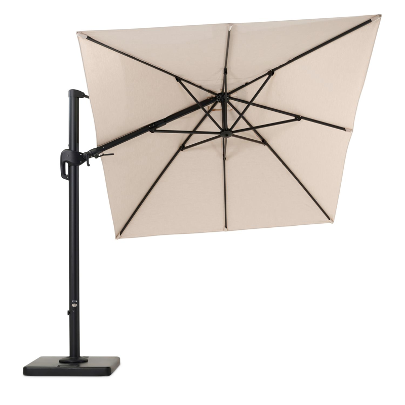Rufina zweefparasol met tiltfunctie in zwart aluminium met beige all weather sunbrella® premium parasoldoek - L1: 250 x L2: 350 cm (met voet)