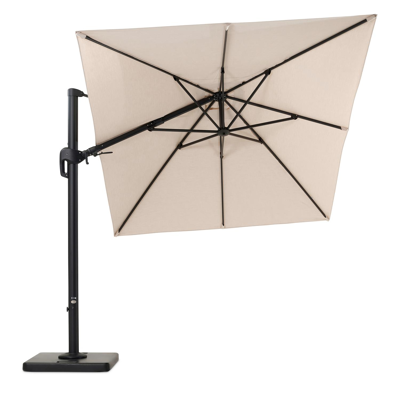 Rufina zweefparasol met tiltfunctie in zwart aluminium met beige all weather sunbrella® premium parasoldoek - L1: 250 x L2: 350 cm (met voet)