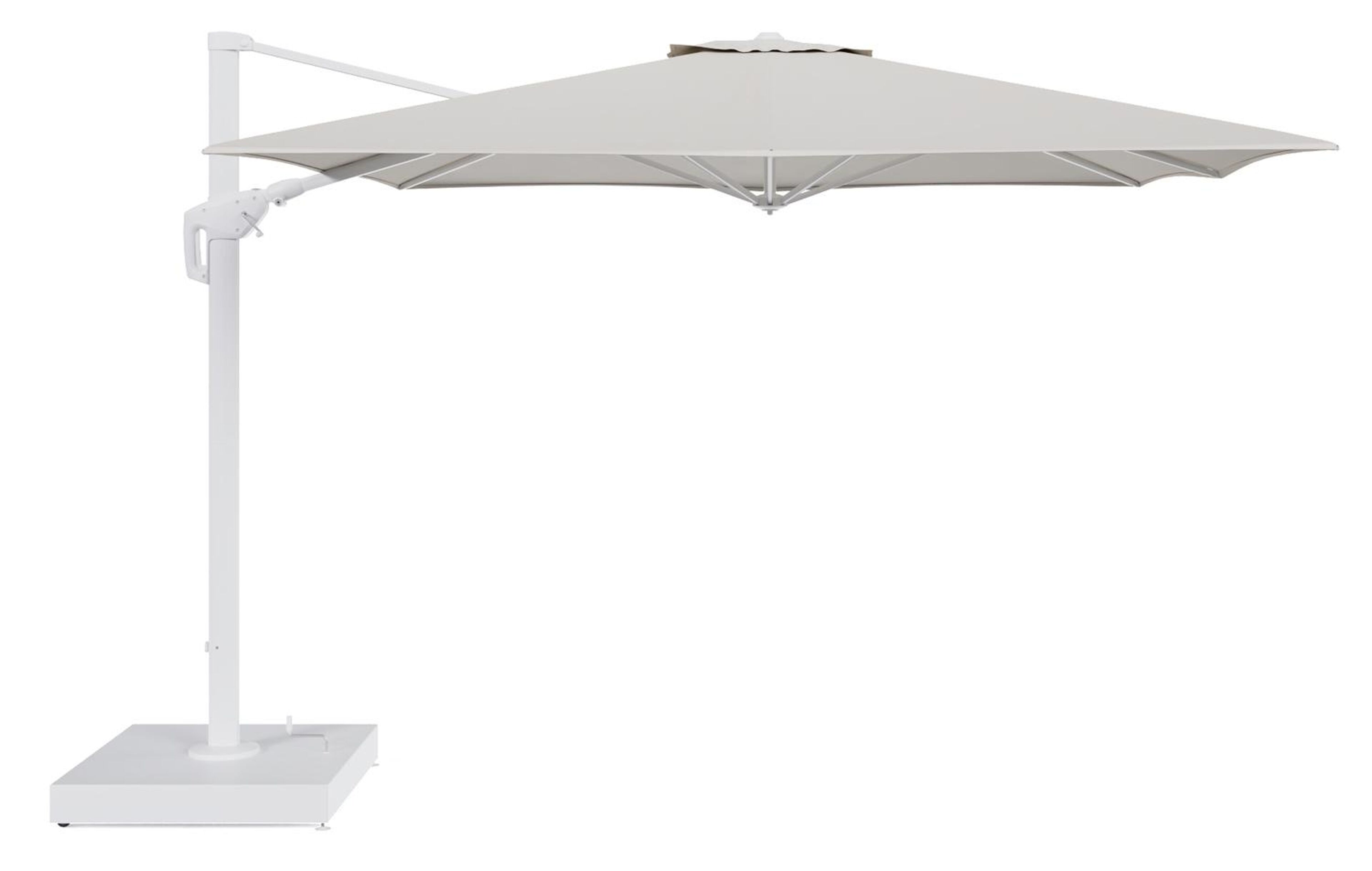 Minore zweefparasol met tiltfunctie in wit aluminium en Lopi Marble All Weather Sunbrella® Luxe parasoldoek - L1 350 x L2: 350 cm met parasolvoet Minore 260 kg met wielen