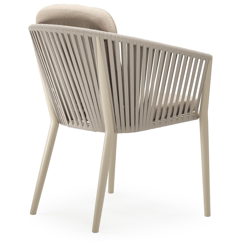 Chaise de jardin Orso en aluminium beige et corde plate tissée verticalement beige avec coussin luxe en All Weather Sunbrella® Luxe Heritage Papyrus