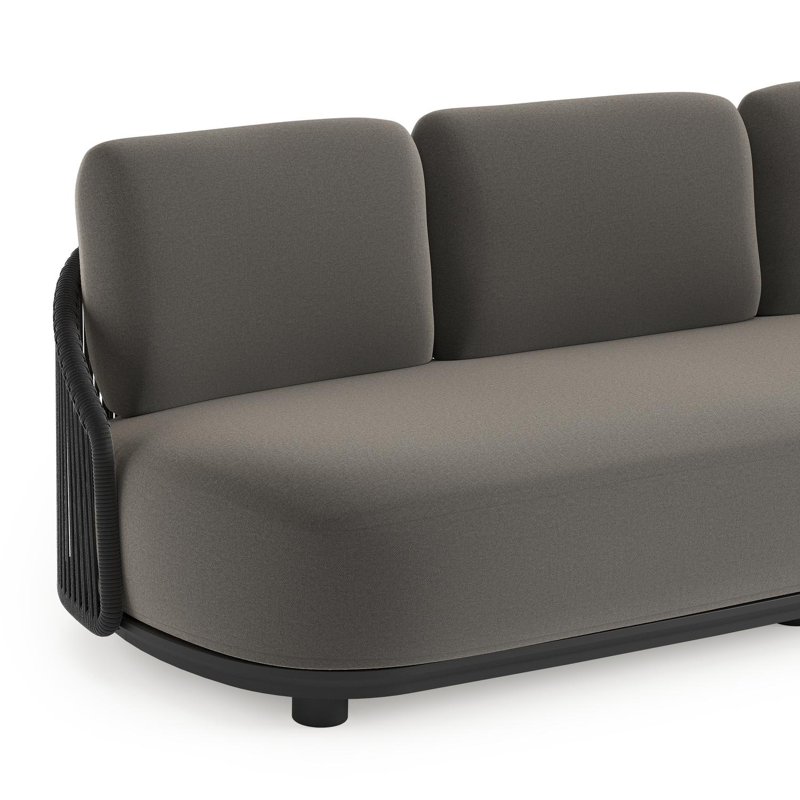 Vadelo loungebank in zwart aluminium en zwart verticaal geweven ronde rope met natte dark taupe all weather sunbrella® luxe kussen