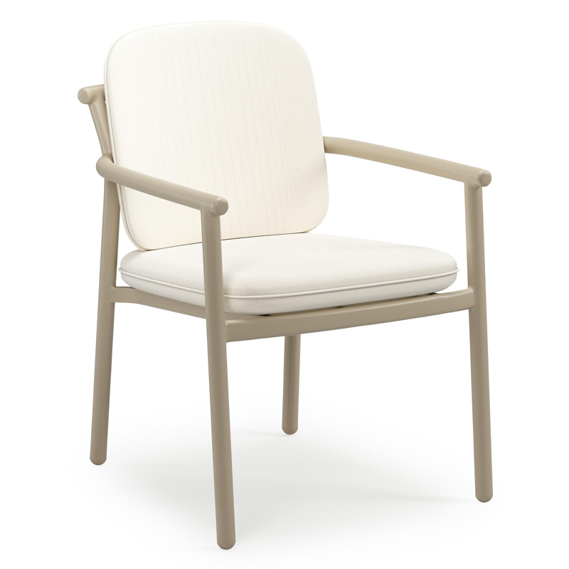Bono stapelbare tuinstoel in beige aluminium met stoelkussen in All Weather Sunbrella® Luxe Natte White