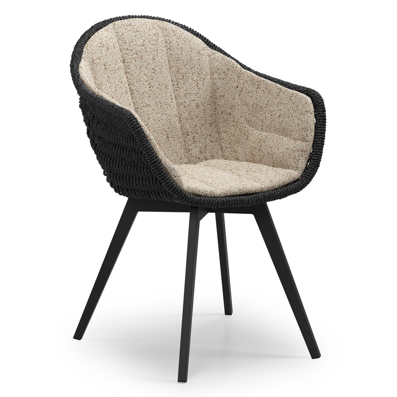 Pagino tuinstoel in zwart aluminium en zwart ronde wicker met zitkussen in All Weather Cosytica Bora Jungle