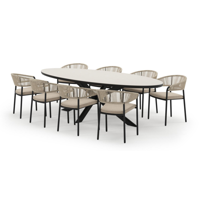 Pamplona ensemble de jardin ovale en aluminium noir en sintered stone crema minerale avec 8 chaises de jardin Zamora