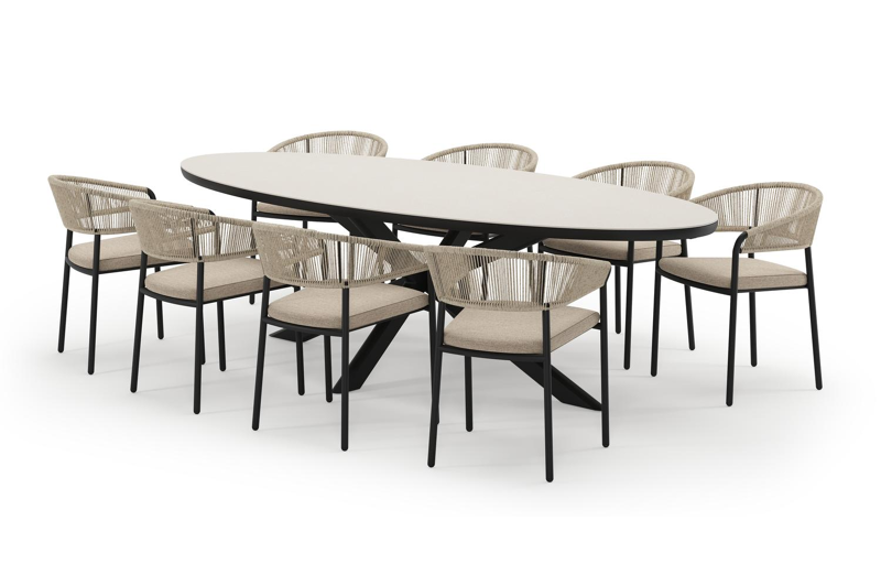 Pamplona ovale tuinset in zwart aluminium en sintered stone crema minerale met 8 Zamora tuinstoelen