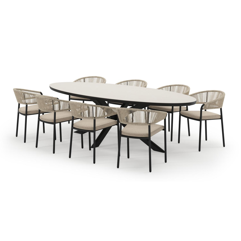 Pamplona ensemble de jardin ovale en aluminium noir en sintered stone crema minerale avec 8 chaises de jardin Zamora