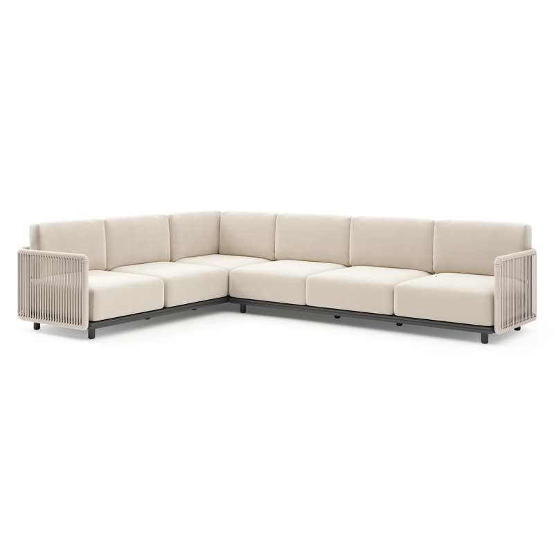 Organo loungehoek in zwart aluminium en beige verticaal geweven luxe vlakke rope met althea off white all weather Cosytica kussen