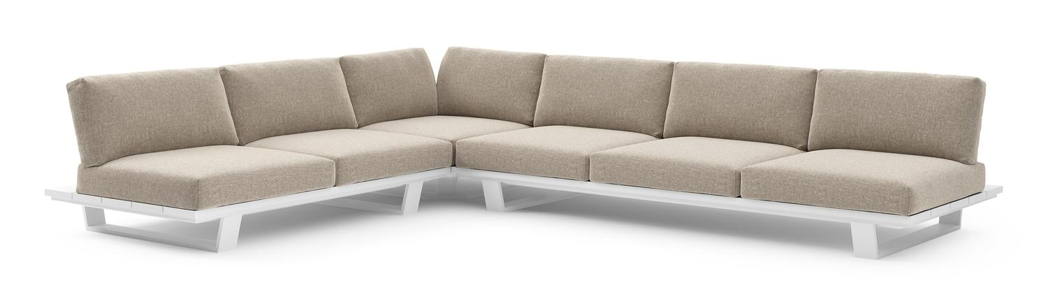 Salon de jardin d'angle Pagino en aluminium blanc et coussins en all weather sunbrella® luxe chartres pewter