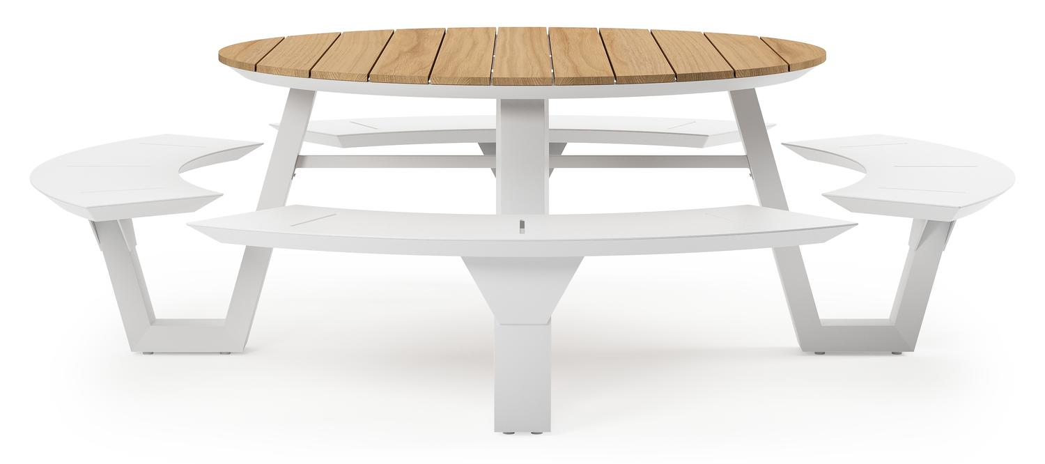 Rondino picknicktafel in wit aluminium en teak tafelblad - Ø 236 x H 71,5 cm