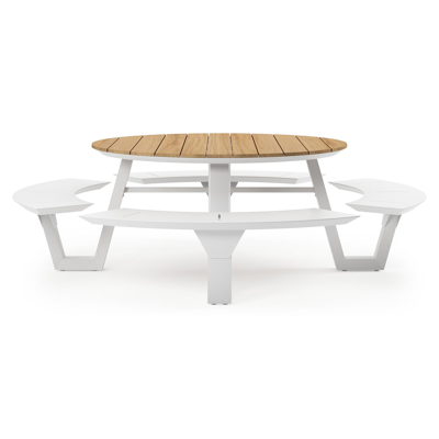 Rondino picknicktafel in wit aluminium en teak tafelblad - Ø 236 x H 71,5 cm