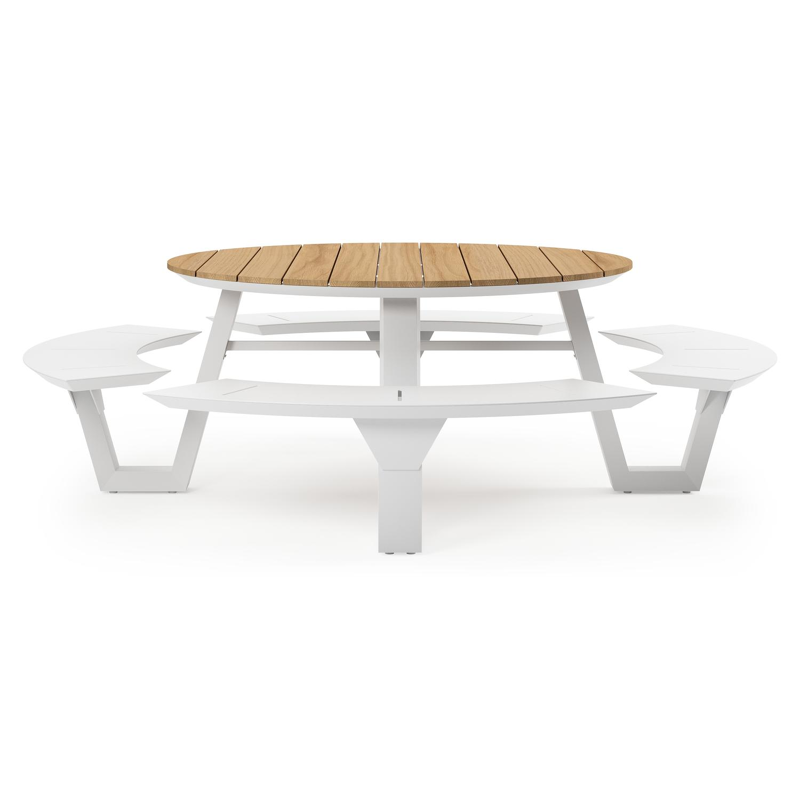 Rondino picknicktafel in wit aluminium en teak tafelblad - Ø 236 x H 71,5 cm