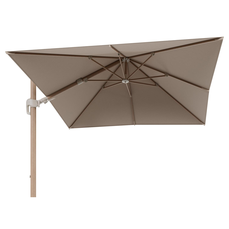 Rufina zweefparasol tiltfunctie in houtlook aluminium en parasoldoek in All Weather Sunbrella® Luxe Natte Heather Beige  - L1 300 x L2 300 cm (zonder voet)