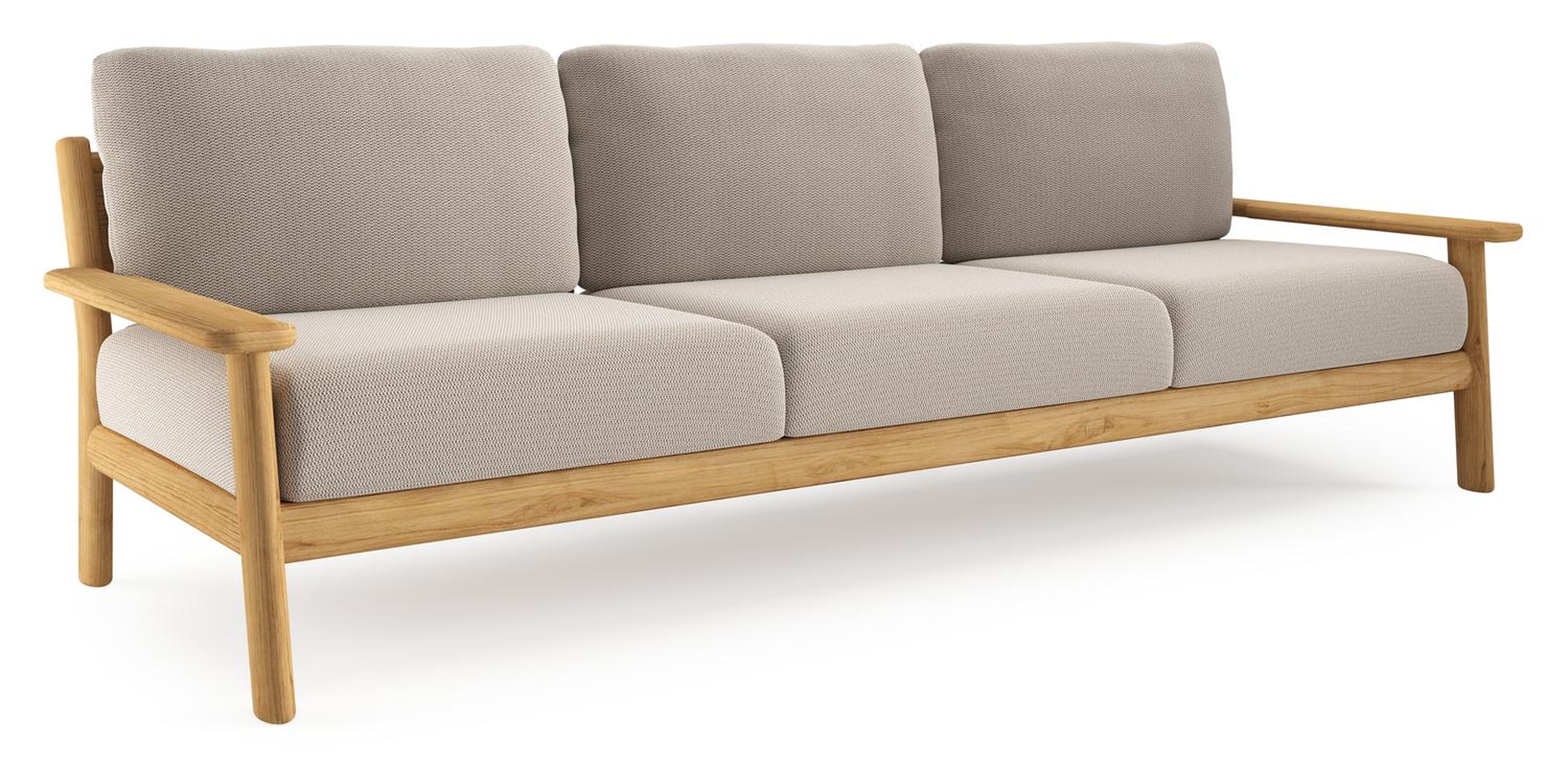 Canapé de jardin Amaro en teck et coussins en all weather sunbrella® luxe lopi fossil