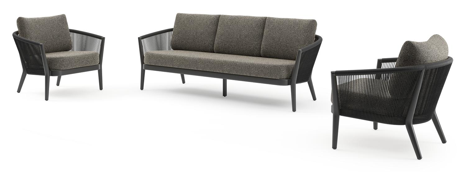 Orso loungeset in zwart aluminium en zwart verticaal geweven ronde rope met Marbella Tunder all weather cosytica kussen