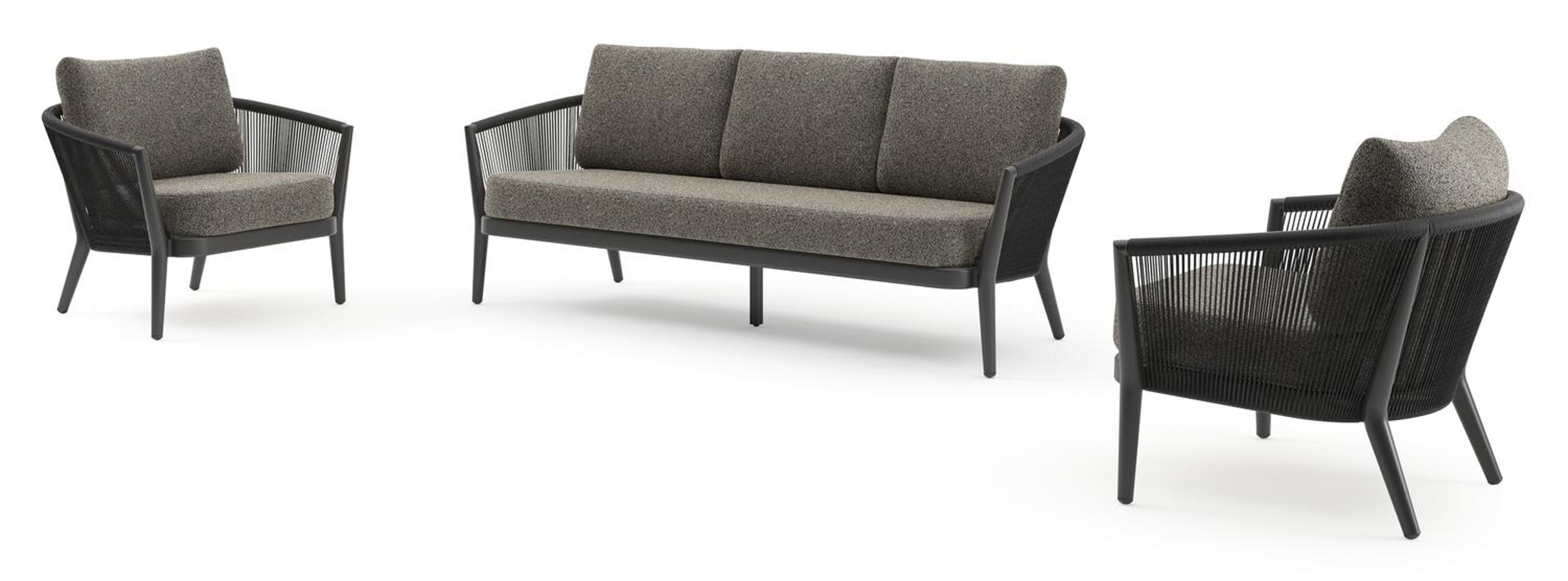 Orso loungeset in zwart aluminium en zwart verticaal geweven ronde rope met Marbella Tunder all weather cosytica kussen