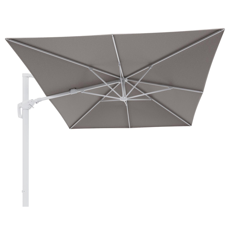 Minore zweefparasol tiltfunctie in wit aluminium en parasoldoek in All Weather Sunbrella® Luxe Wander Granite  - L1 400 x L2 300 cm (zonder voet)
