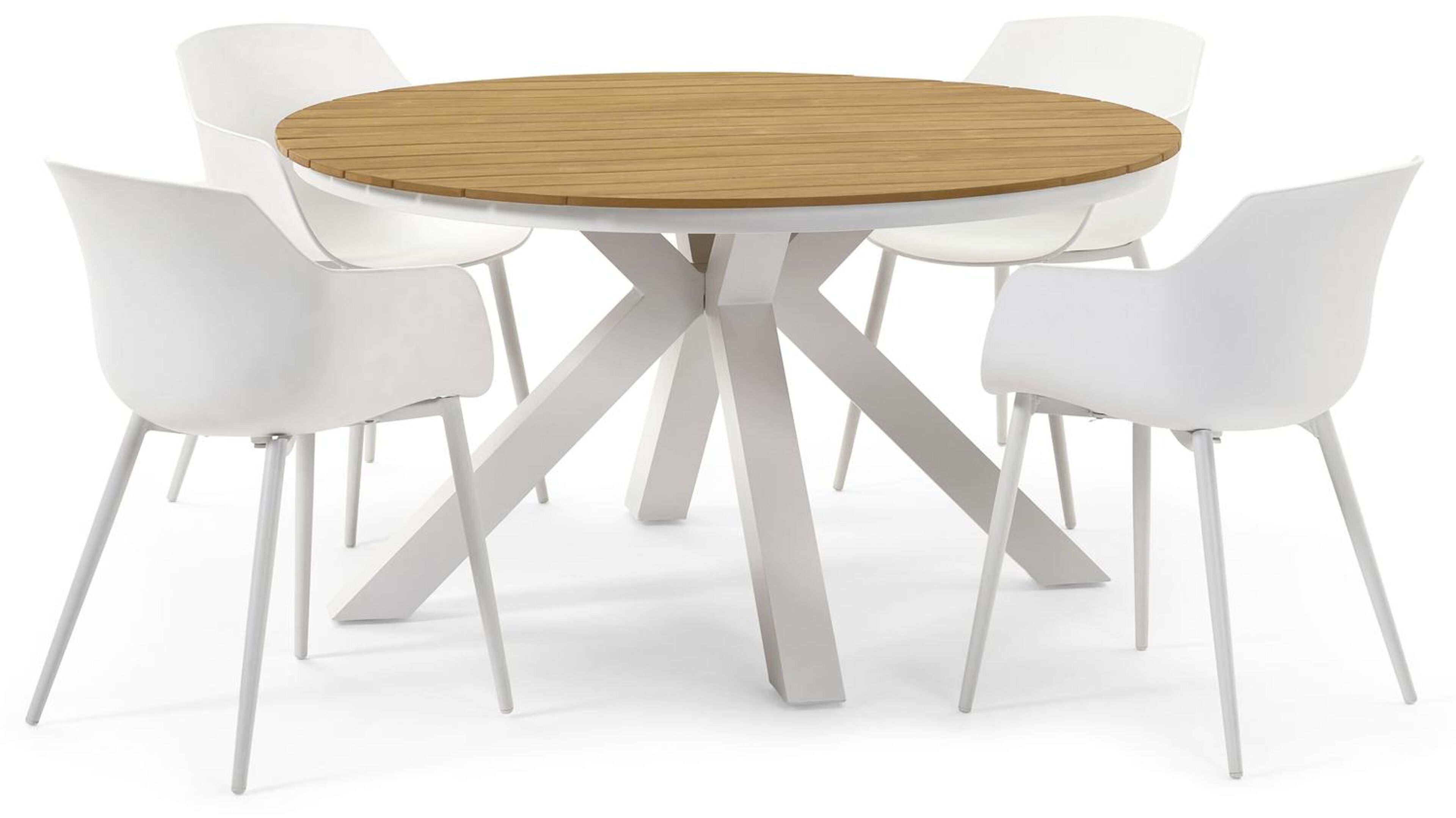 Tora tuinset in wit aluminium en naturel polywood tafelblad met 4 Paco tuinstoelen