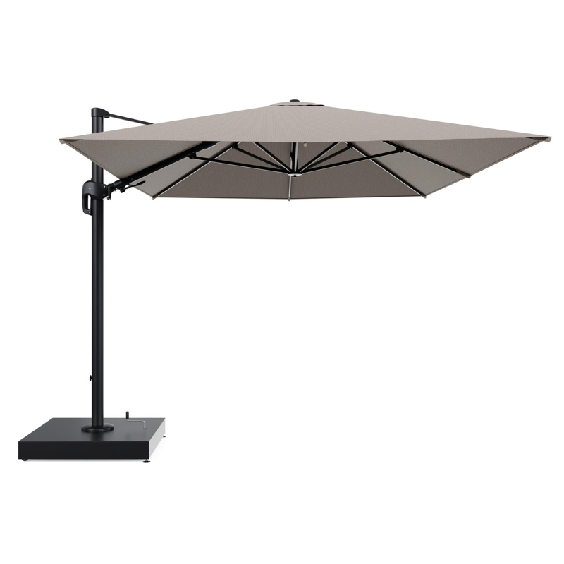 Rufina zweefparasol met tiltfunctie in zwart aluminium en Firenze Earth All Weather Solica parasoldoek - L1 400 x L2 300 cm met parasolvoet Minore 260 kg met wielen
