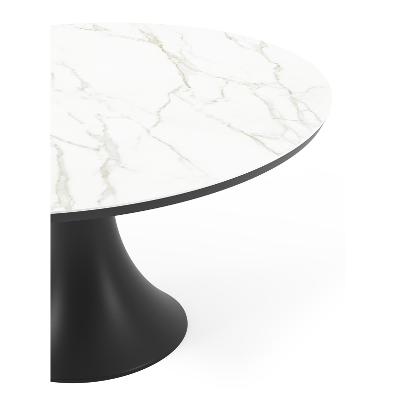 Table de jardin Fano ronde en aluminium noir et céramique pleine Calacatta - Diam. 148 x Haut. 75 cm