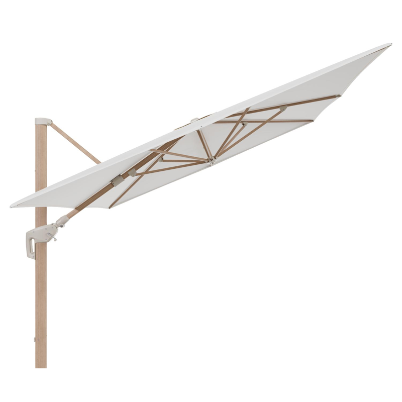 Parasol pendant Minore avec fonction tilt en aluminium aspect de bois et toile de parasol All Weather Sunbrella® Luxe Natte White - Lg.1: 400 x Lg.2: 300 cm (sans pied de parasol)