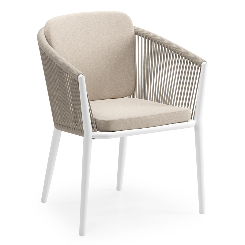 Orso tuinstoel in wit aluminium en beige verticaal geweven ronde rope met zitkussen in All Weather Sunbrella® Luxe Heritage Ash