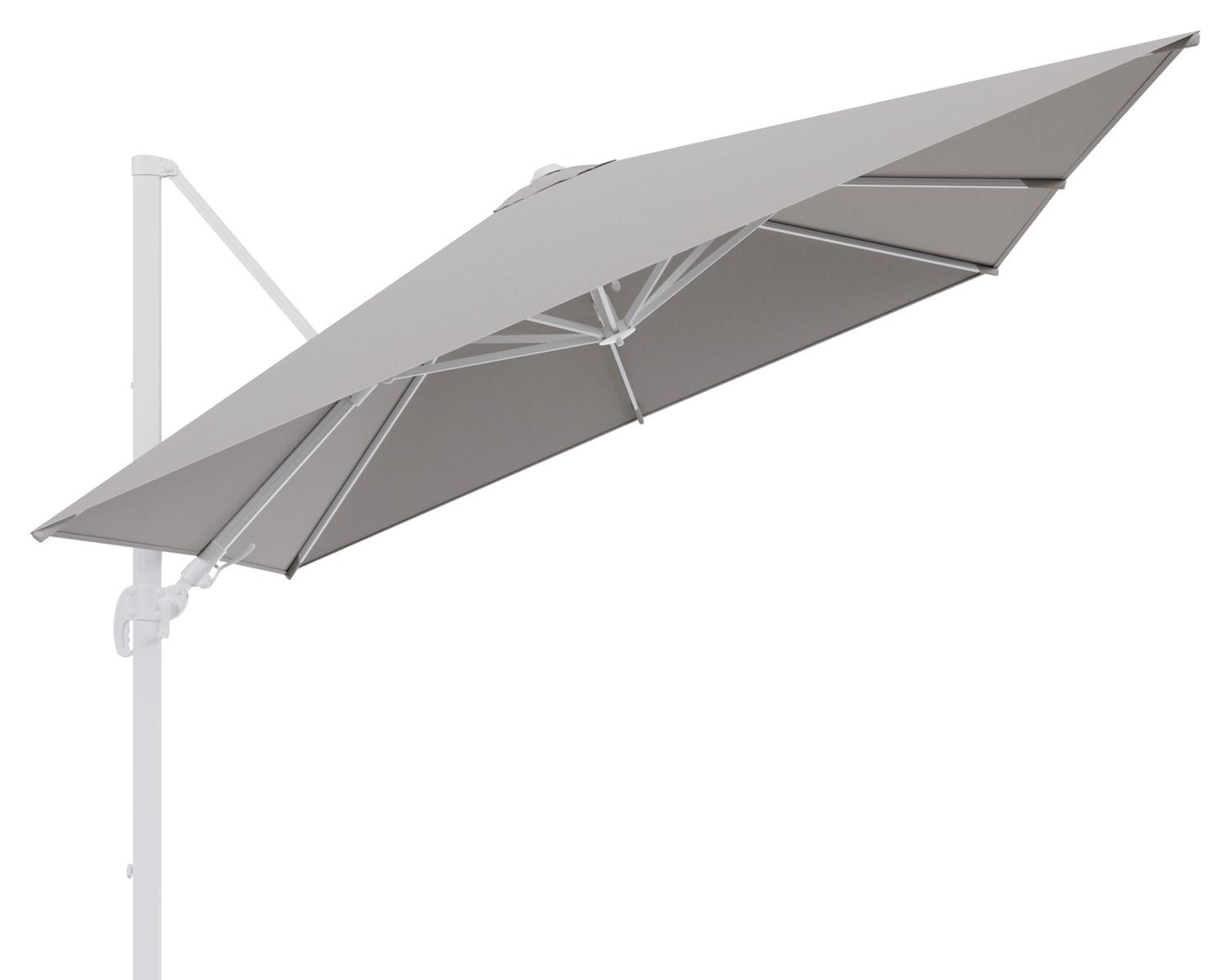 Avola zweefparasol met tiltfunctie in wit aluminium met natte graumel chalk all weather sunbrella® premium parasoldoek - L1 300 x L2 300 cm (zonder voet)