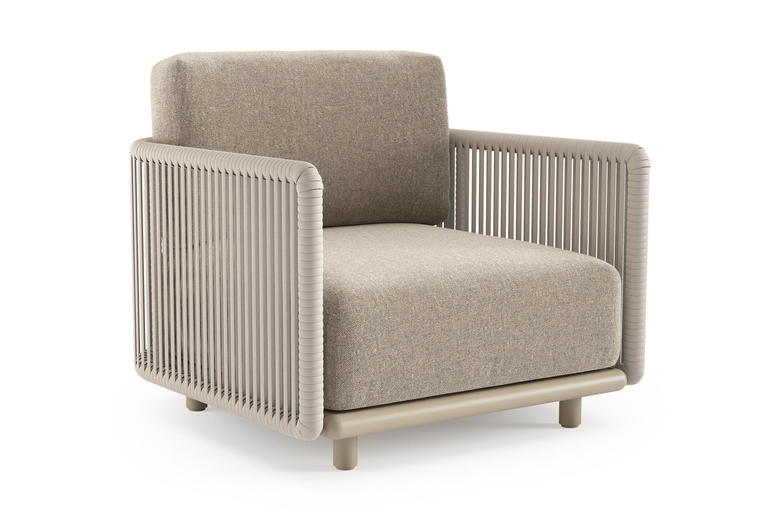 Organo loungestoel in beige aluminium en beige verticaal geweven luxe vlakke rope met chartres pewter all weather Sunbrella® luxe kussen