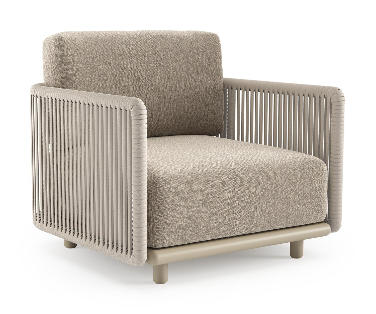 Organo loungestoel in beige aluminium en beige verticaal geweven luxe vlakke rope met chartres pewter all weather Sunbrella® luxe kussen