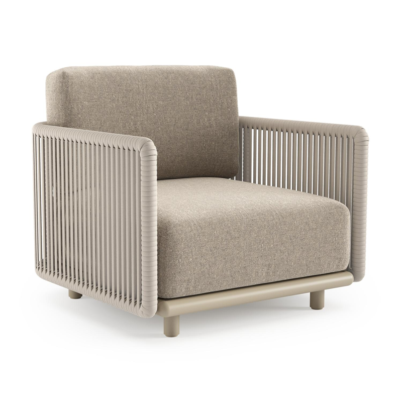 Organo loungestoel in beige aluminium en beige verticaal geweven luxe vlakke rope met chartres pewter all weather Sunbrella® luxe kussen