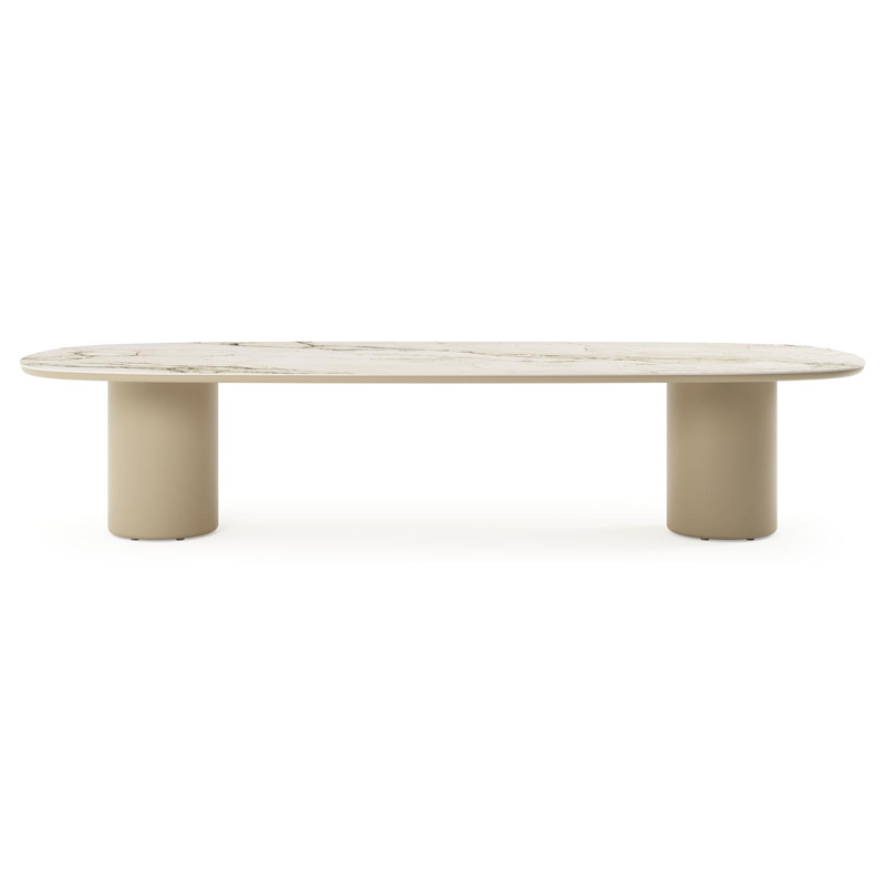 Table de jardin low dining Amico bombo en aluminium beige et céramique pleine Colorado Dunes - Lg. 320 x Lrg. 130 x Haut. 61 cm