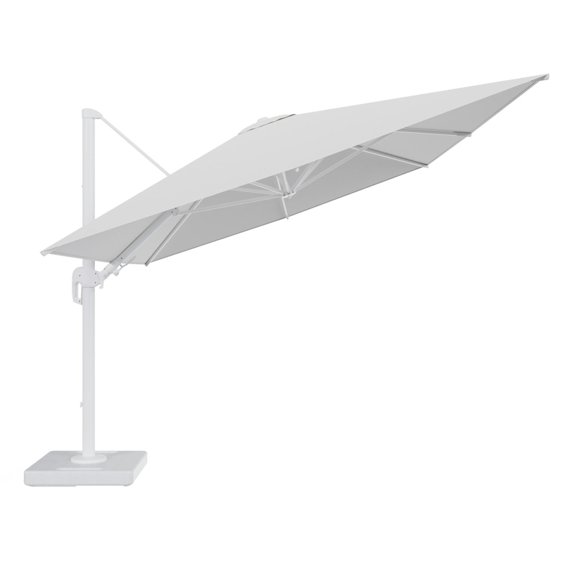 Parasol pendant Rufina avec fonction tilt en aluminium blanc et toile de parasol en All Weather Solica Ego Birch - Lg.1 400 x Lg.2 300 cm avec pied de parasol Lapido 160 kg
