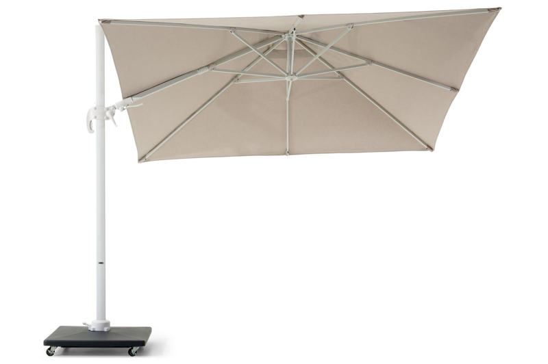 Avola zweefparasol met tiltfunctie in wit aluminium en Natte Graumel Chalk Sunbrella® Premium parasoldoek - L1 300 x L2 300 cm met Avola parasolvoet 90 kg