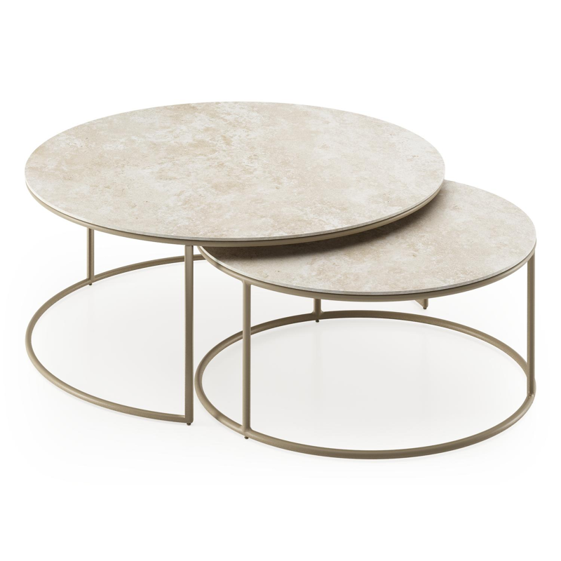 Ensemble de 2 tables d'appoint Fano ronde en aluminium beige et céramique pleine Rapolano - Diam. 85 x Haut. 35 cm
