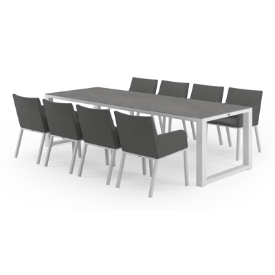 Livo tuinset in wit aluminium en grijs volkeramiek tafelblad met 8 Rivo tuinstoelen