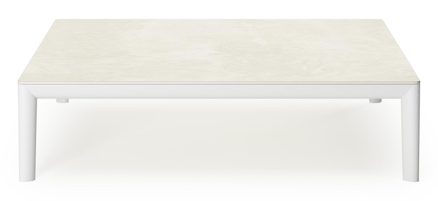 Table basse Tolosa en aluminium blanc et sintered stone beige - Lg. 90 x Lrg. 90 x Haut. 38 cm