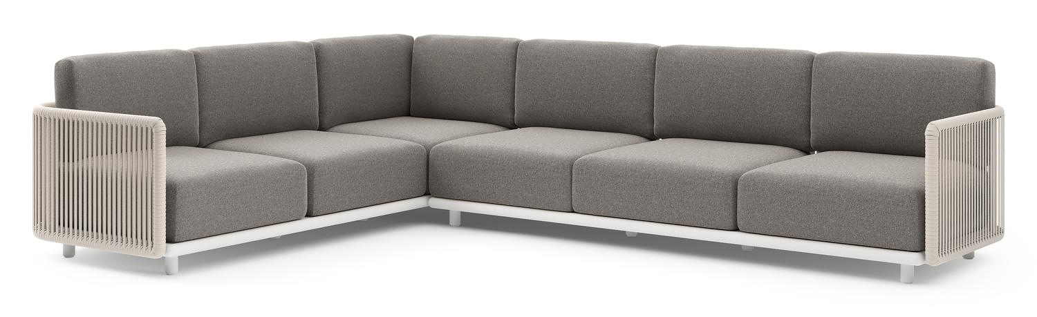 Organo loungehoek in wit aluminium en beige verticaal geweven luxe vlakke rope met chartres drizzle all weather Sunbrella® luxe kussen