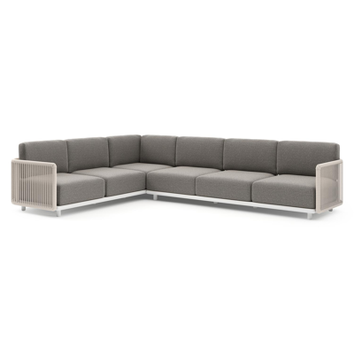 Organo loungehoek in wit aluminium en beige verticaal geweven luxe vlakke rope met chartres drizzle all weather Sunbrella® luxe kussen