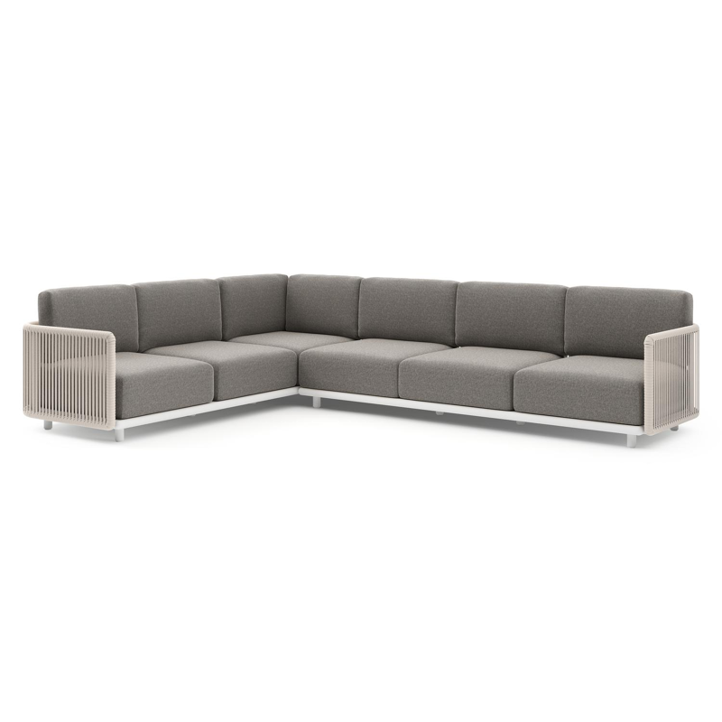 Salon de jardin d'angle Organo en aluminium blanc et corde luxe plate tissée verticalement beige et coussin en all weather Sunbrella® luxe chartres drizzle