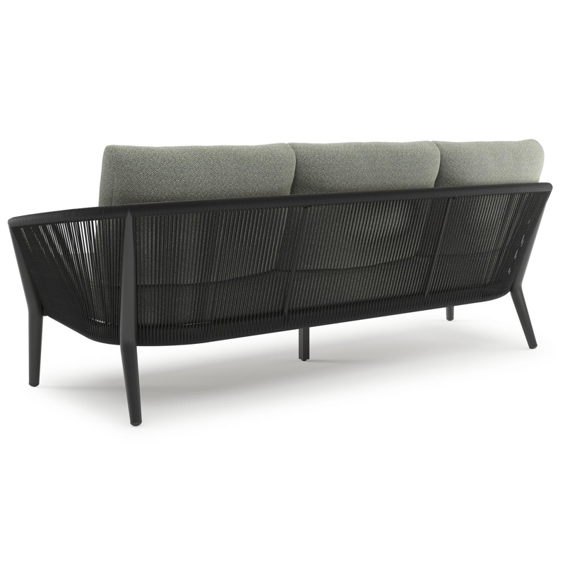 Orso loungebank in zwart aluminium en zwart verticaal geweven ronde rope met Savane Leaf all weather sunbrella® luxe kussen