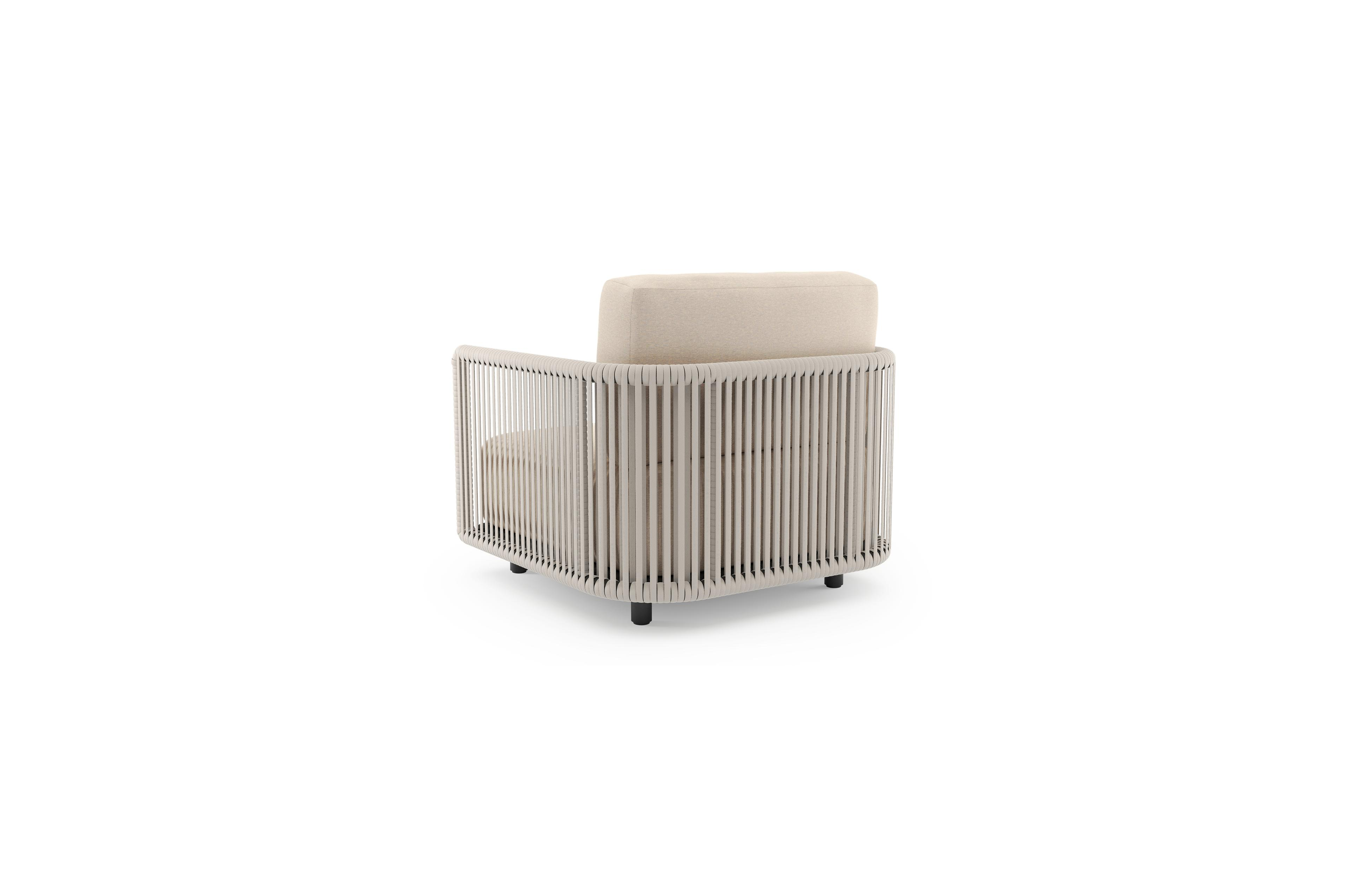 Organo loungestoel 1-zit in zwart aluminium en beige verticaal geweven luxe vlakke rope met heritage papyrus all weather sunbrella® luxe kussen